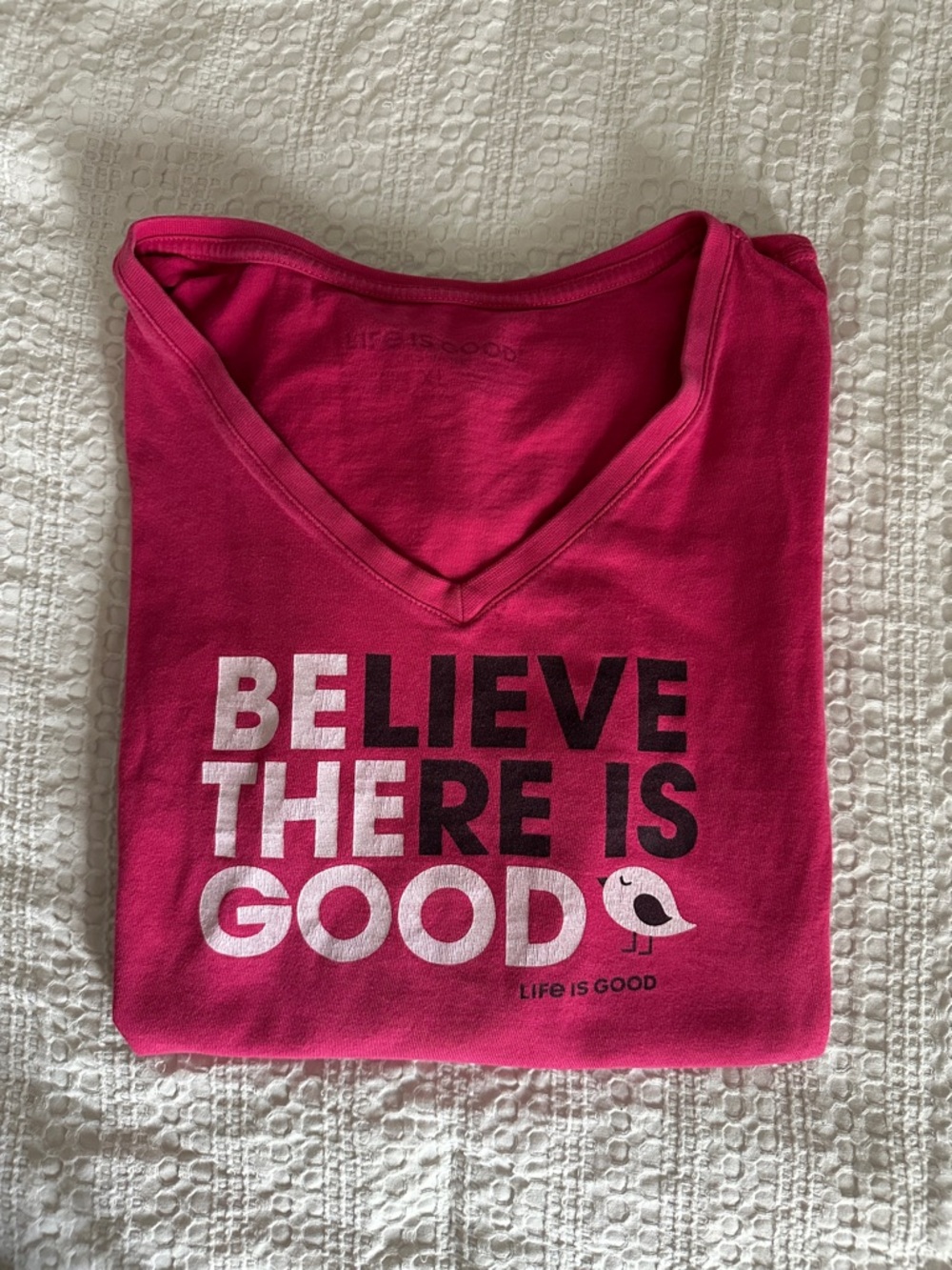 Life Is Good Bright Pink V-Neck Tee with 'Believe There Is Good' Graphic